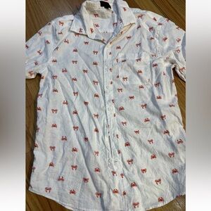 Magaschoni White and Red Casual Button Down Shirt crab Print SMALL petite linen